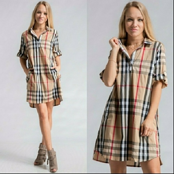 Fashionomics Dresses & Skirts - Last 1! Tan Plaid Shirt Dress